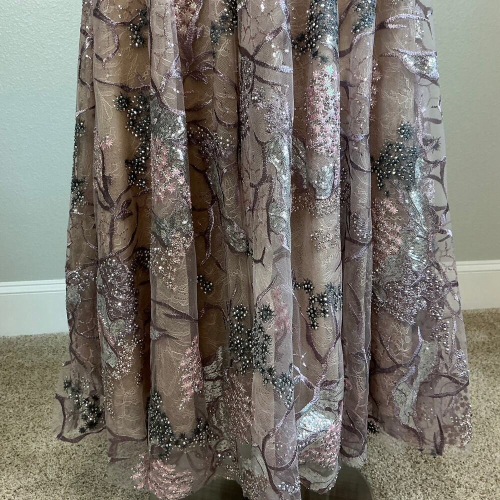 Mac Duggal 20326 Taupe Evening Gown Beaded Lace Long Sleeve Formal Dress Size 8 - Picture 9 of 13